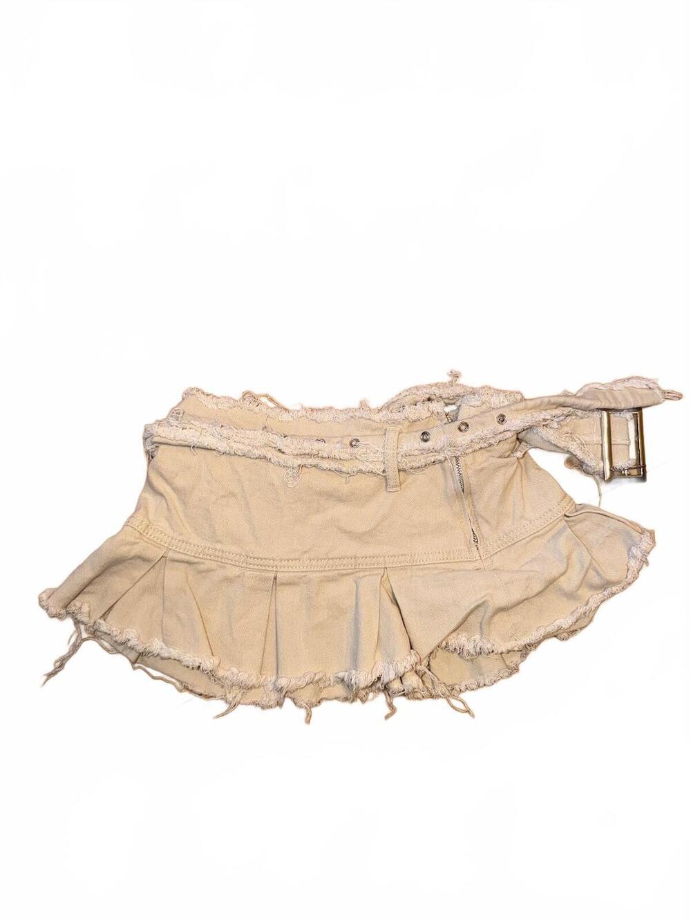 Shein Beige Denim Pleated Skort Belted Frayed Hem Size S